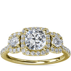Three-Stone Cushion Halo Diamond Engagement Ring in 14k Yellow Gold